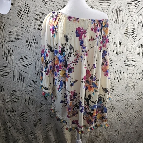 Jodifl, Pom Pom Fringe Tassel, Floral Smocked Draped Watercolor Boho Top large - Picture 10 of 12